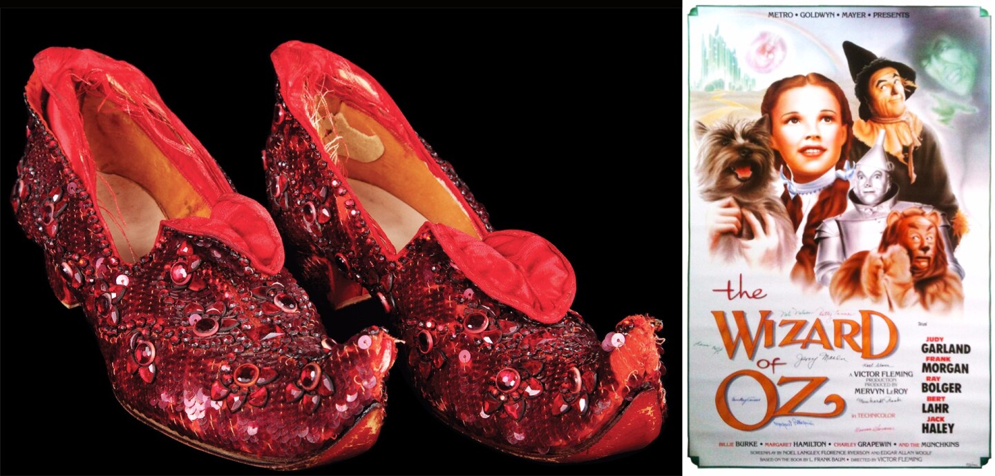 The slippers which Judy Garland wore in 'Wizard of Oz' haven't been given an official position on the list because the price cannot be verified. The price was never disclosed but is rumored to be in the vicinity of $3 million. Actor Leonardo DiCaprio, director Steven Spielberg and other anonymous benefactors purchased the slippers for the Academy of Motion Picture Arts and Sciences museum.
