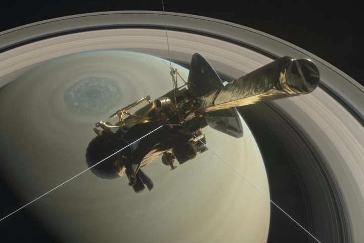 Render of Cassini in orbit around Saturn