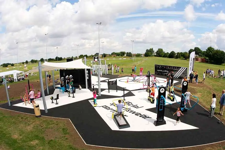 One of around 50 adidas-branded, London 2012 logo shaped outdoor fitness and sport spaces installed throughout the UK