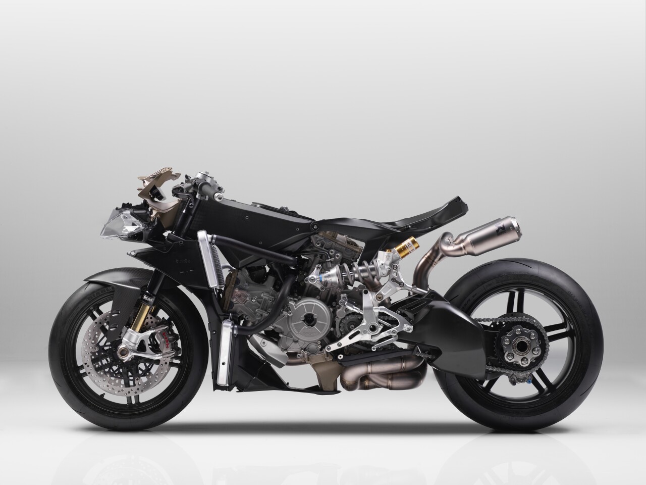 Ducati 1299 Superleggera: the entire monocoque frame, plus swingarm, subframe and even the wheel rims are made from carbon fiber