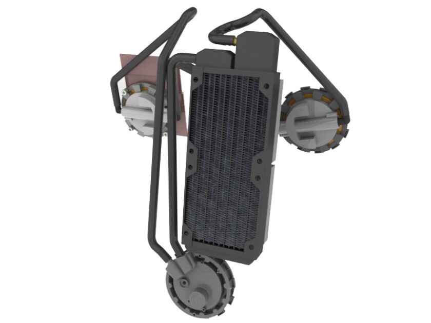 Detail of the liquid-cooling system within the AIO prototype, showing the CPU and GPU cold plates, pump and fan