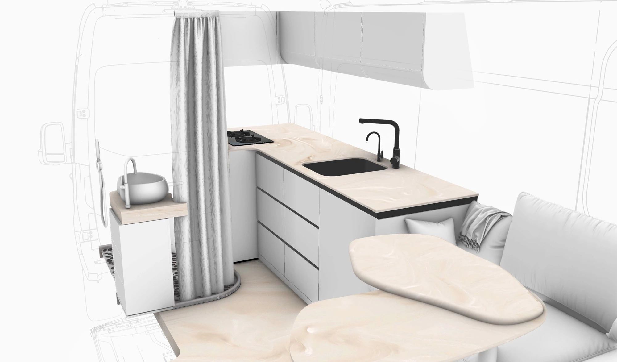 Rendering of the dining lounge, kitchen and curtained rear corner bathroom