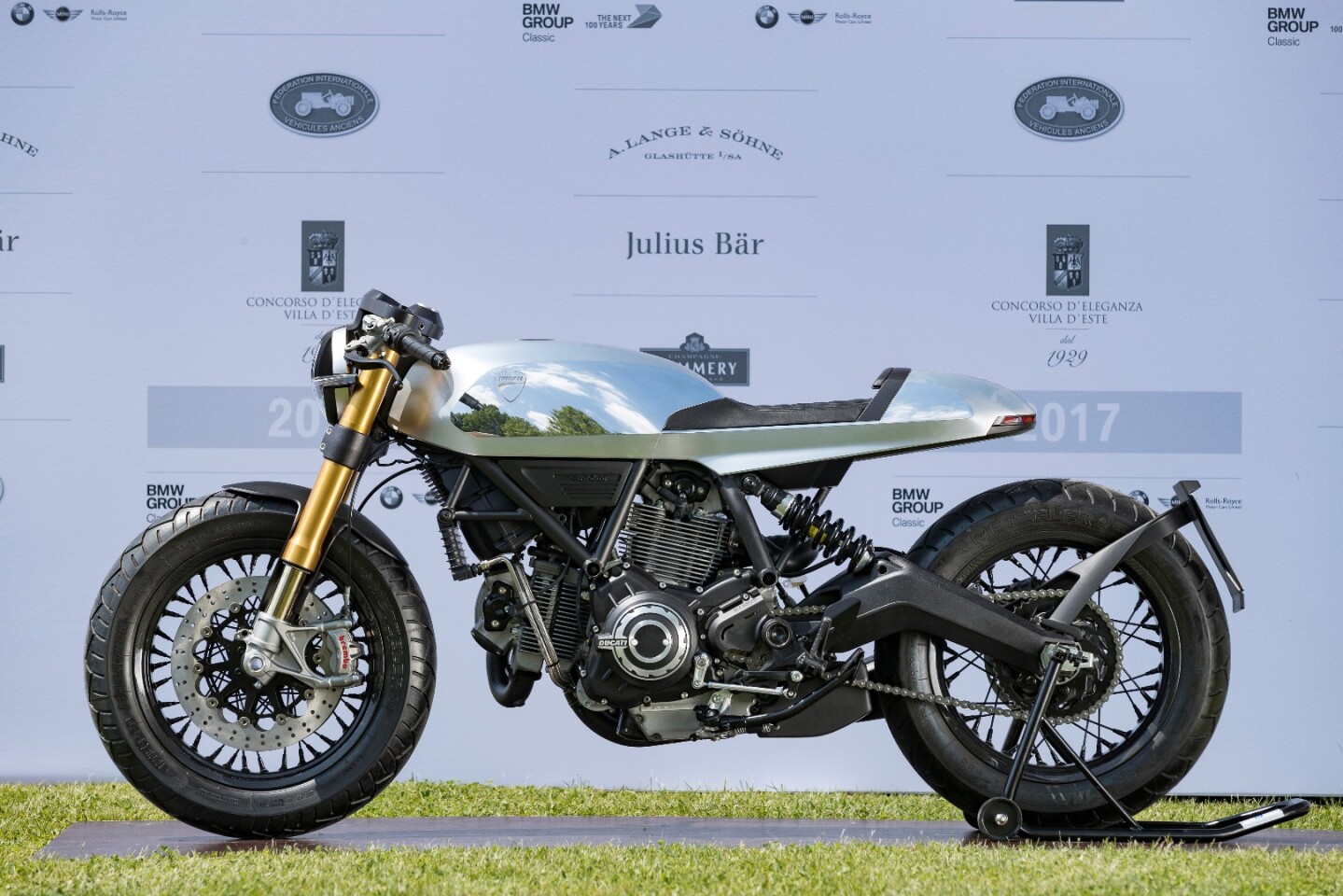 The winner of the public vote for the best in show motorcycle at Villa d'Este was this Ducati Café Racer created by Ducati's own Centro Stile design studio. There's not a lot of information about the bike, though it is clearly a derivative of the 800cc Scrambler wearing an aluminum monocoque seat-tank unit with some exquisite finishing work that contrasts between highly polished and a satin finish. It speaks volumes for the prestige of the Villa d'Este Concorso di Motociclette that Ducati should enter two concept bikes that have never been previously seen.