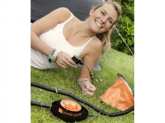 The Orange Power Pump - by treading on a standard camping air foot-pump, the kinetic energy created drives a small turbine inside the compact Power Pump