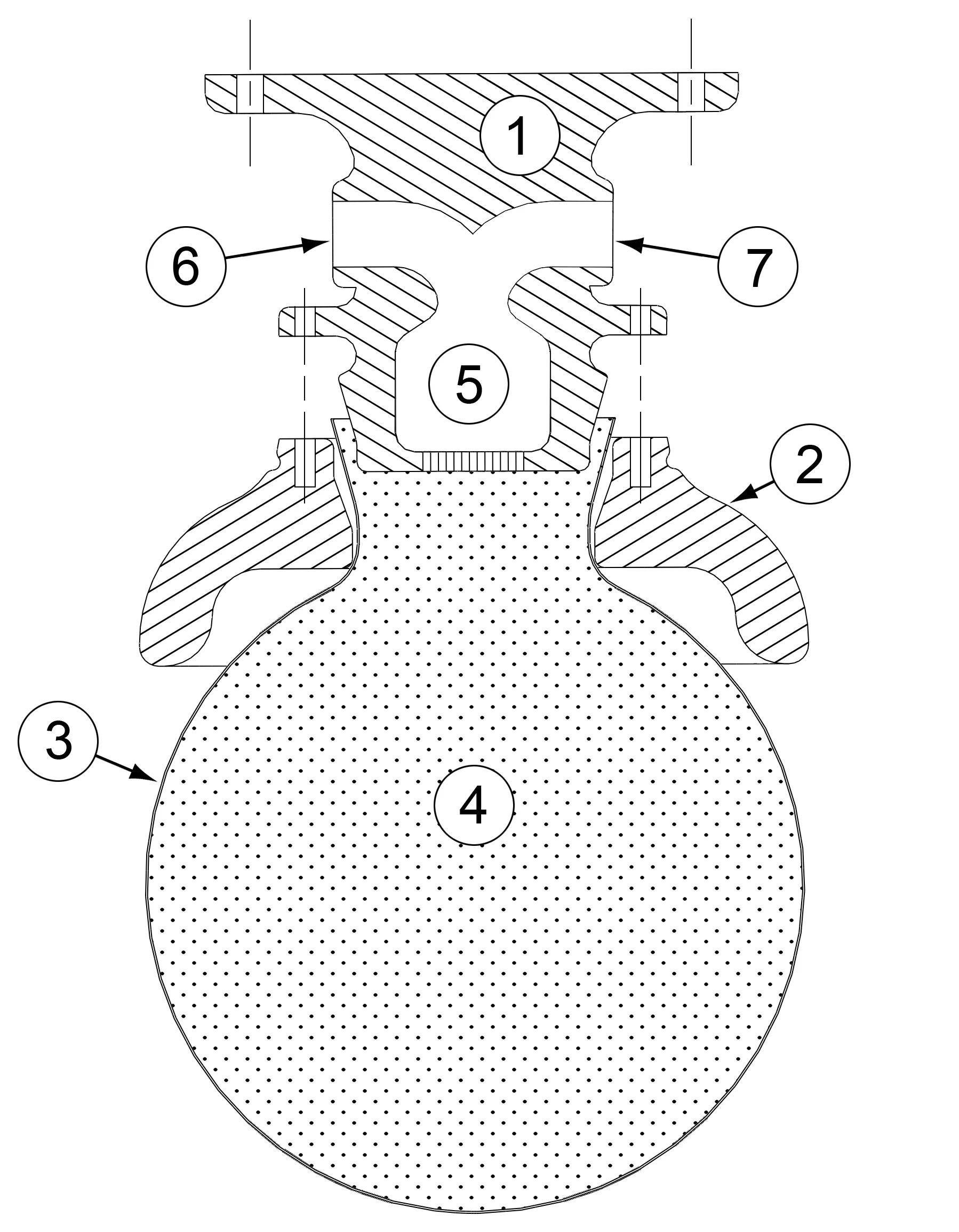 Assembly drawing of the positive pressure jamming gripper, includingcomponents: 1) base, 2) external collar, 3) balloon membrane, 4) coffee grains,5) air filter, 6) vacuum line port, and 7) high pressure port (Image: John Amend, Cornell University)