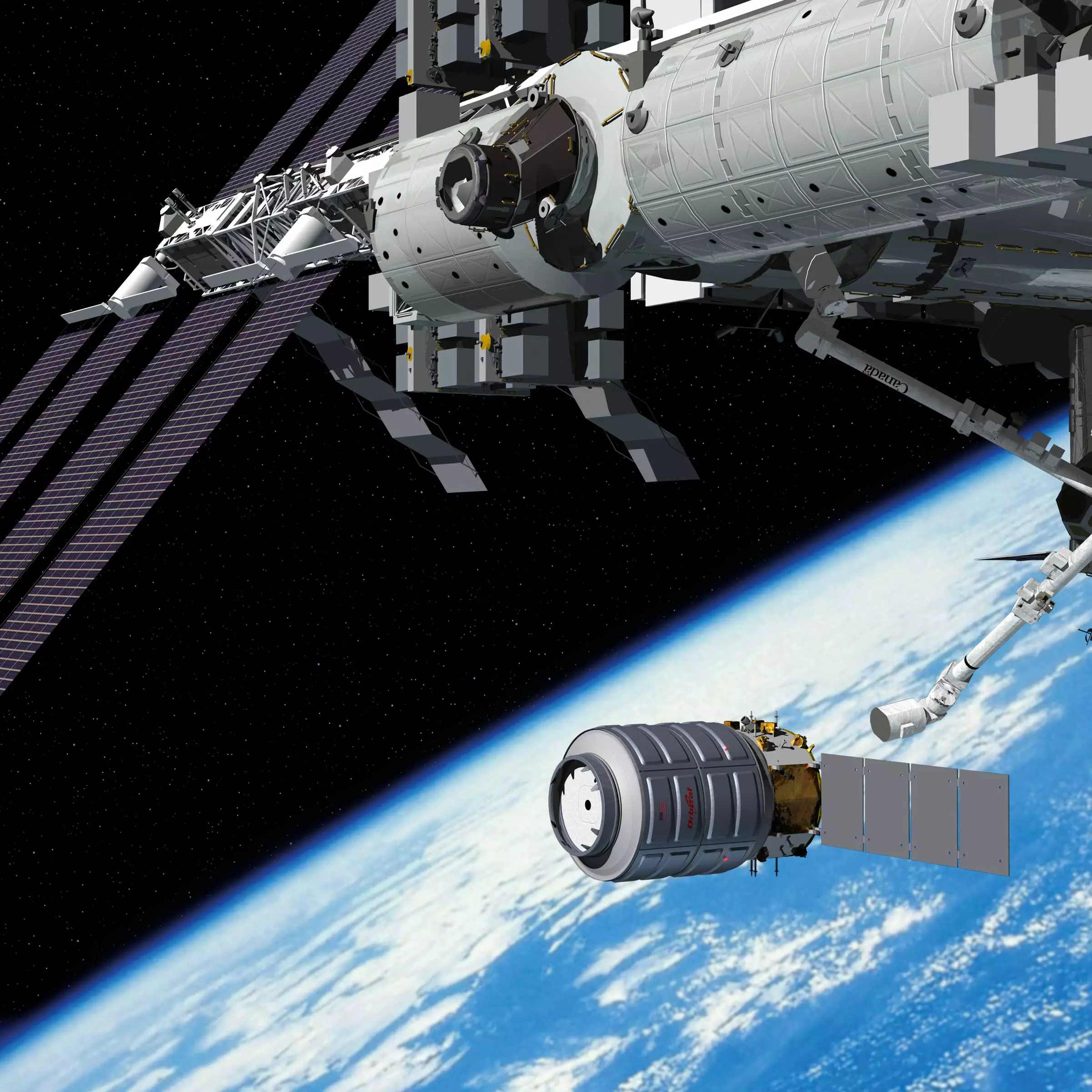 Artist rendering of Cygnus spacecraft at the ISS (Image Orbital Science Corporation)