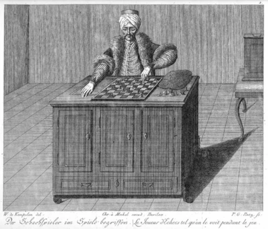 An engraving of the Turk from Karl Gottlieb von Windisch's 1784 book Inanimate Reason