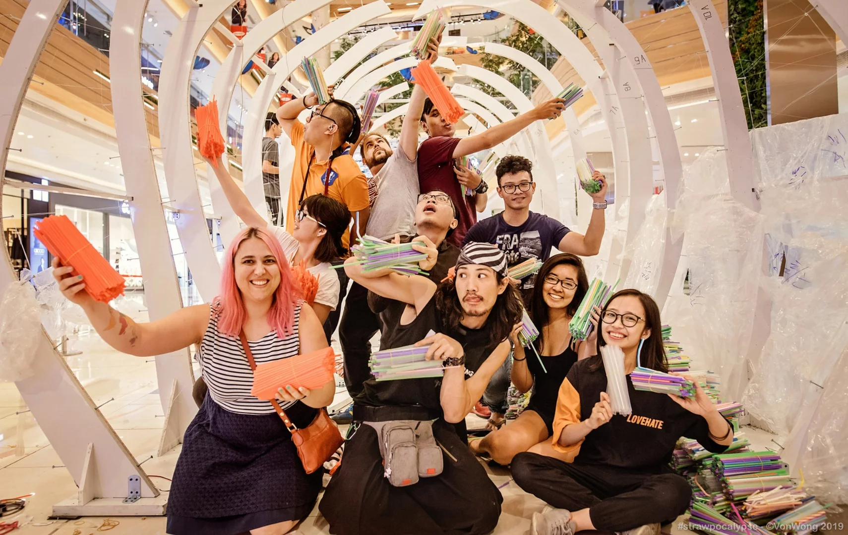 Volunteers during the construction of the Strawpocalypse installation