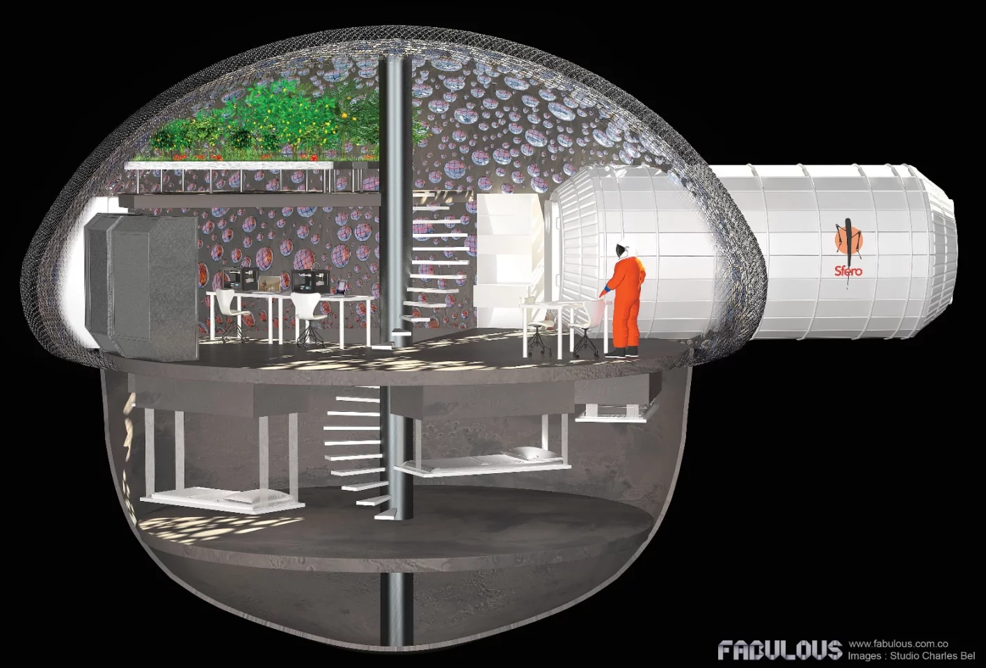 The interior comprises three floors