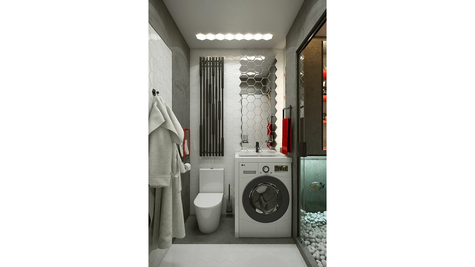 A compact bathroom comes fully equipped with all amenities and a washing machine