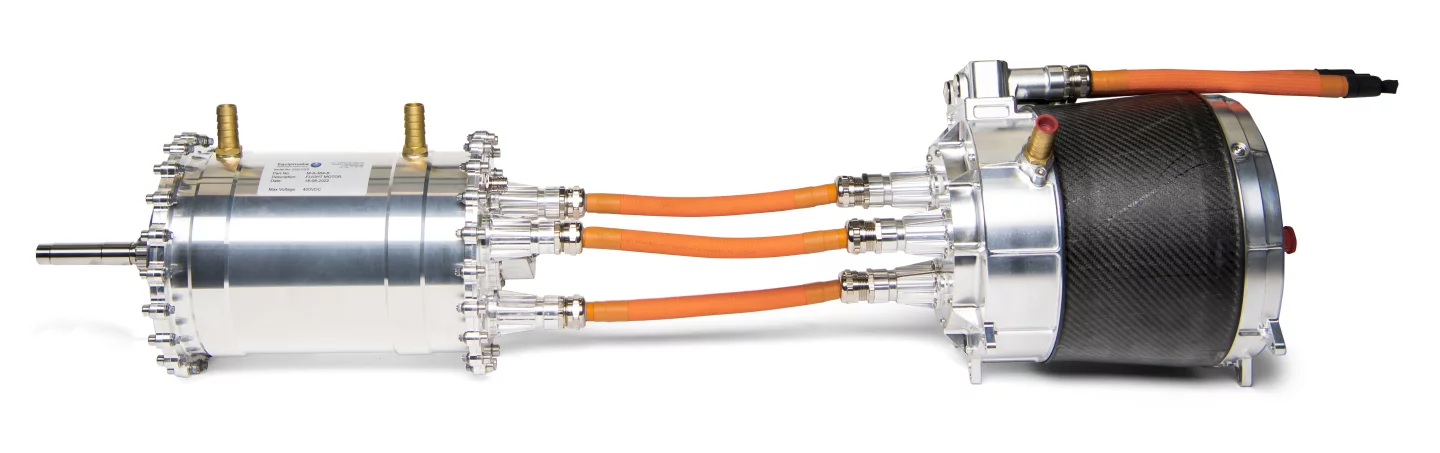 Equipmake has designed an ultra-lightweight electric motor (left) and cylindrical inverter (right) capable of operating in the vacuum of space