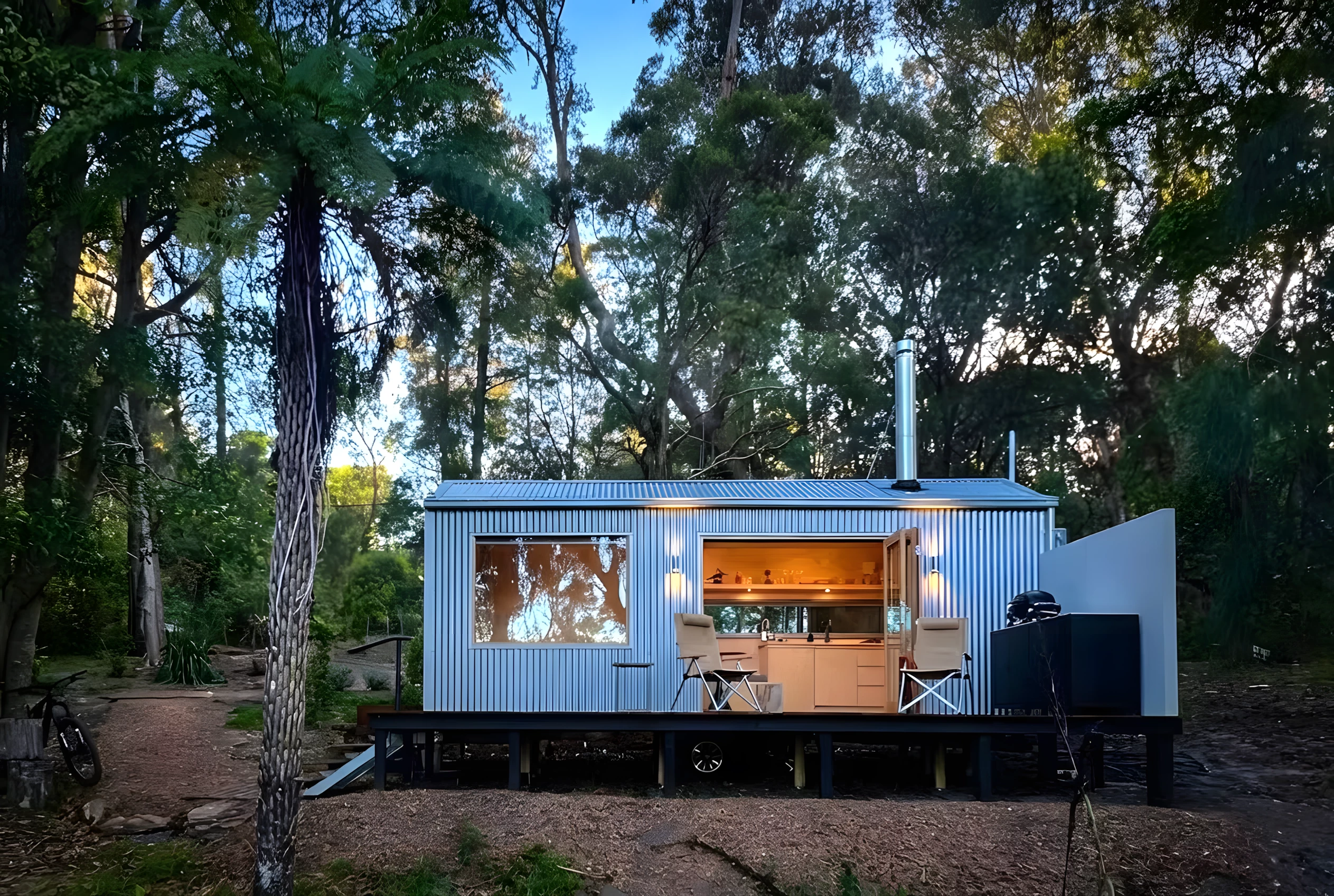 The Zinc Studio Cabin features a corrugated metal exterior that's inspired by agricultural sheds