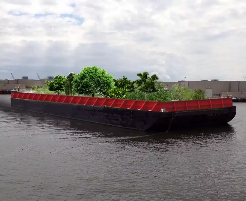 A barge containing an urban farm