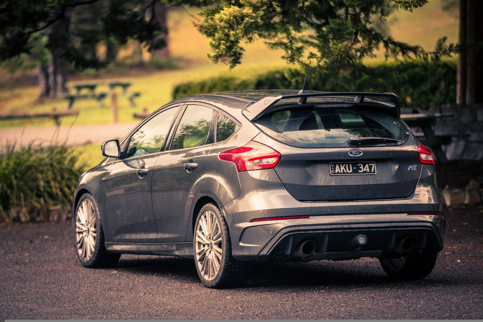 The twin exhaust on the Focus RS emits a healthy growl, but it's artificially augmented through the in-cabin speakers