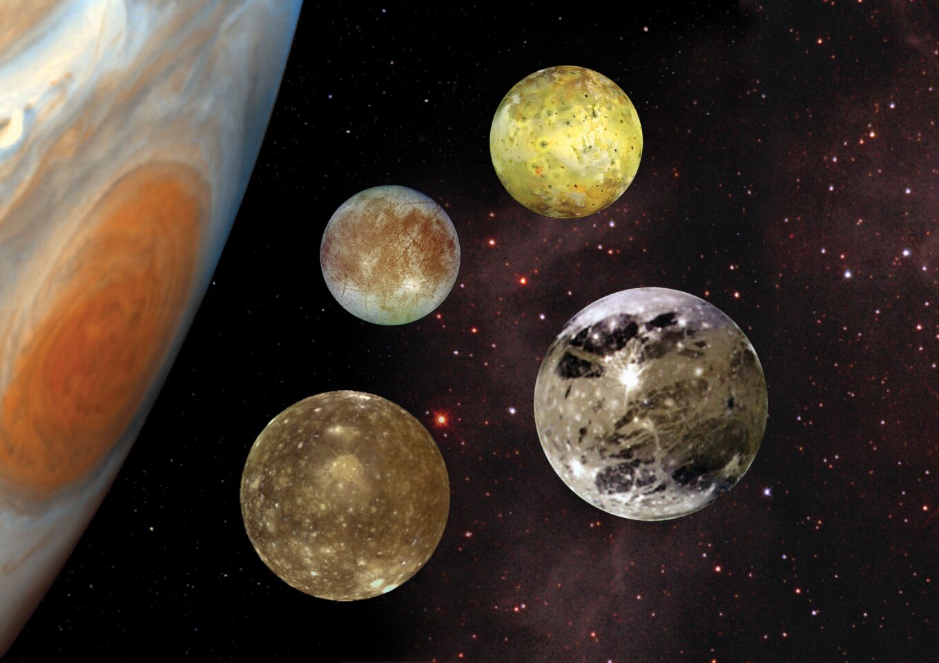 A size comparison of Jupiter's four Galilean moons: Io, Europa, Callisto and Ganymede, which is pictured on the bottom right (Image: NASA)