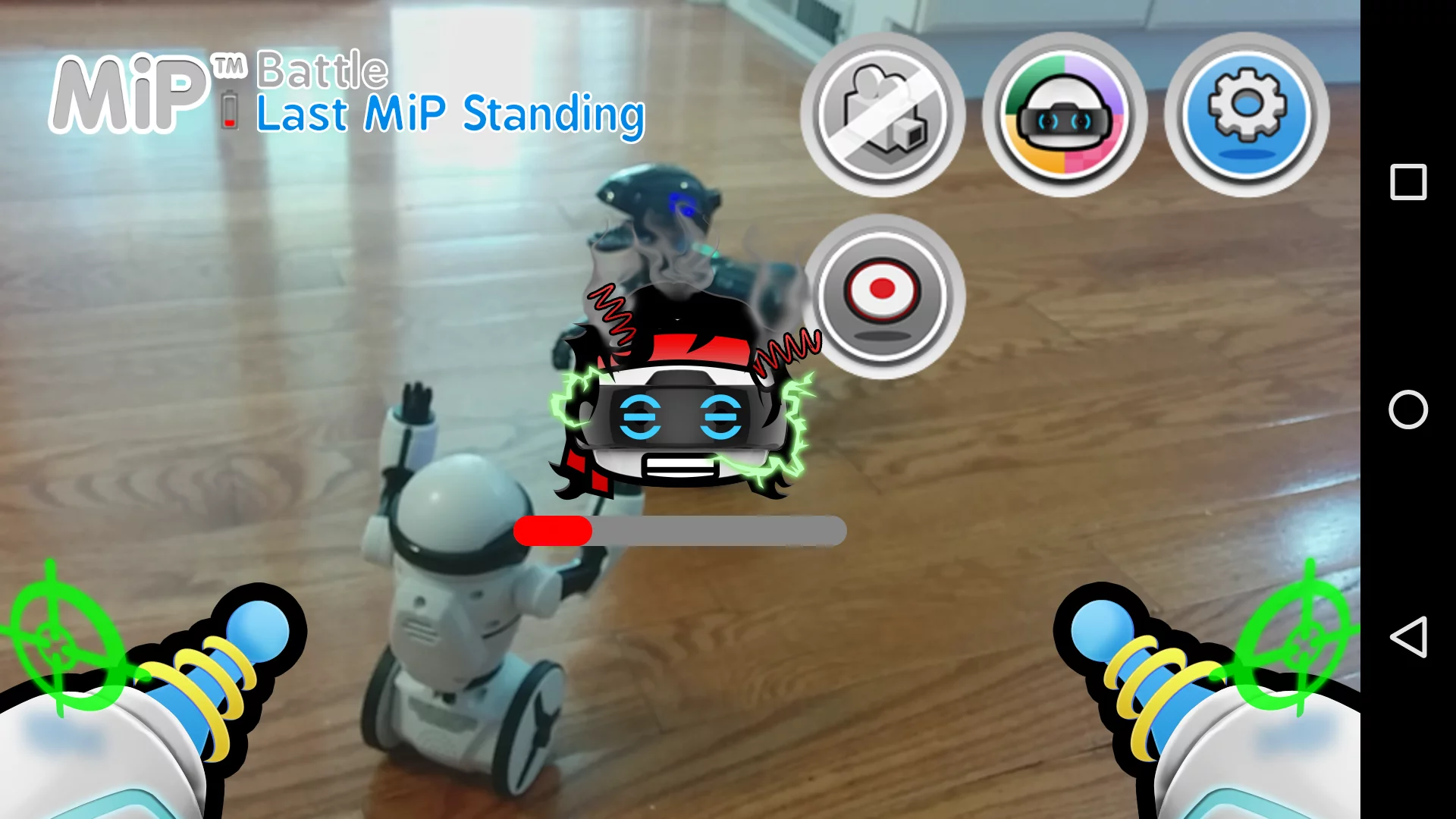 A screenshot from the MiP app and camera which shows a battle between a MiP and MiPosaur