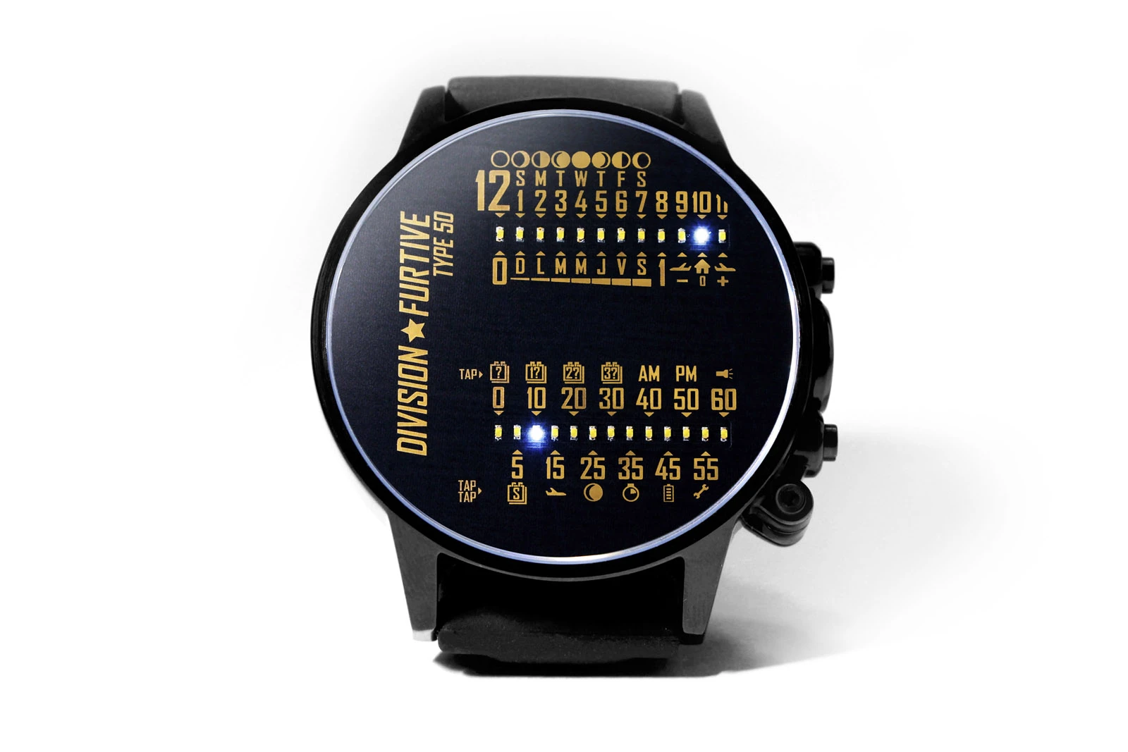 The front face of the Type 50 displays the time via two banks of white LEDs