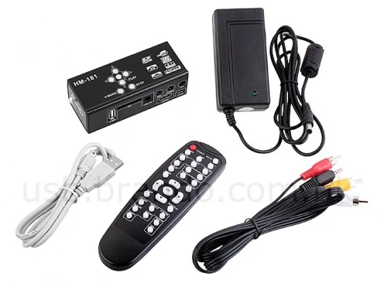 The Brando SATA HDD Multi-Media Player Adapter includes cables, power adapter, and remote