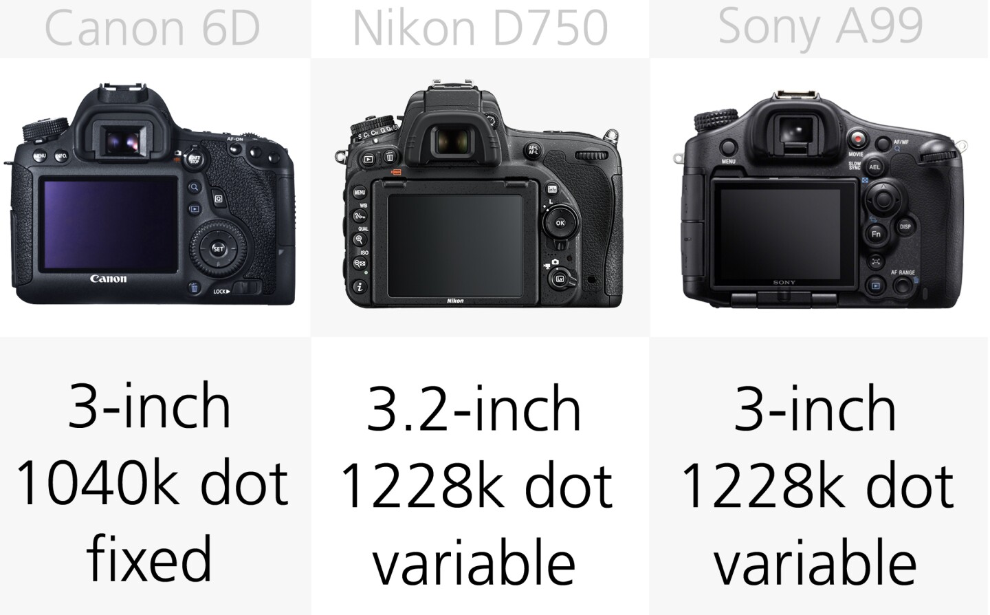 The Nikon D750 and Sony A99 are the only cameras here to feature monitors which can be angled