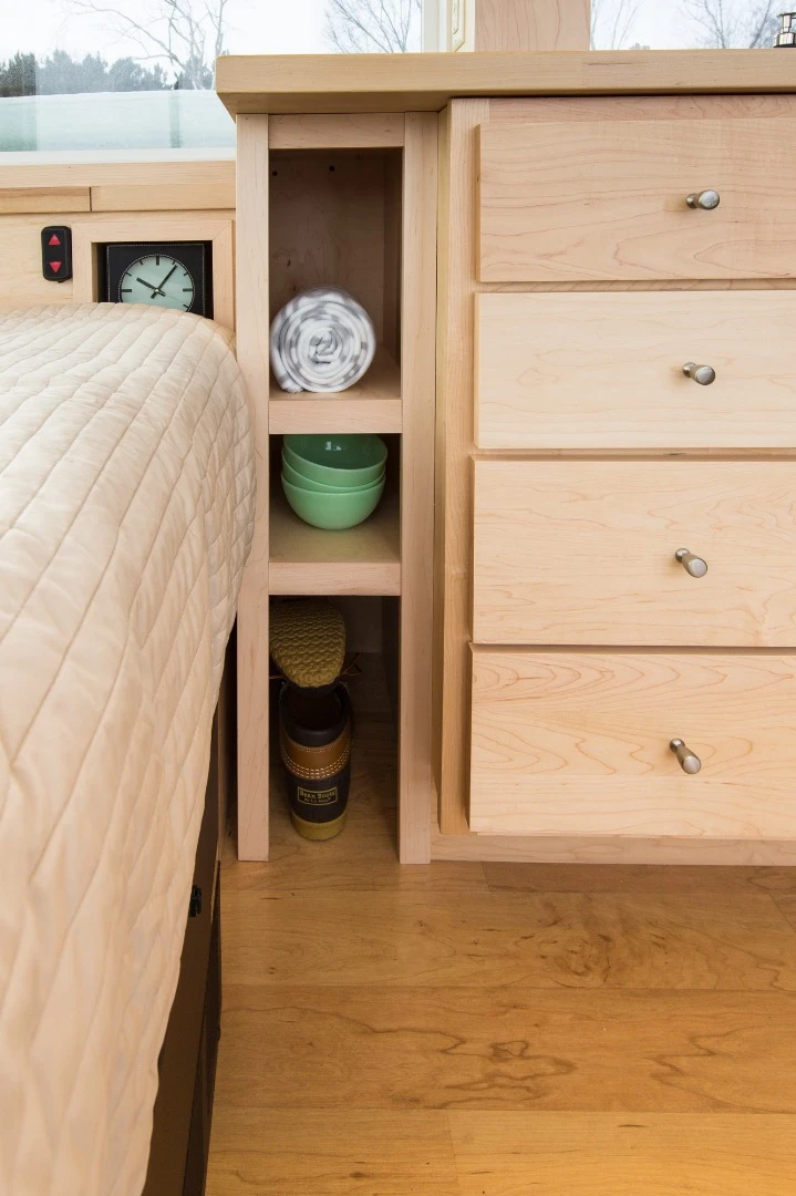 There are plenty of storage areas, including under-bed storage, cupboards, and small nooks