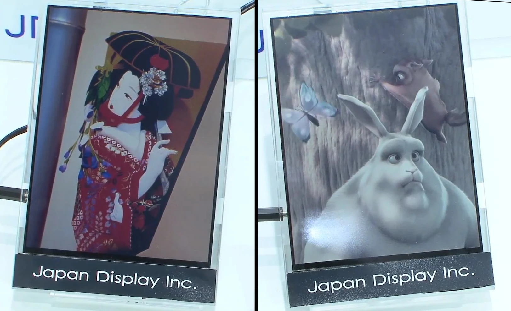 The high color gamut version (left) alongside the conventional version (right) of Japan Display's reflective LCD