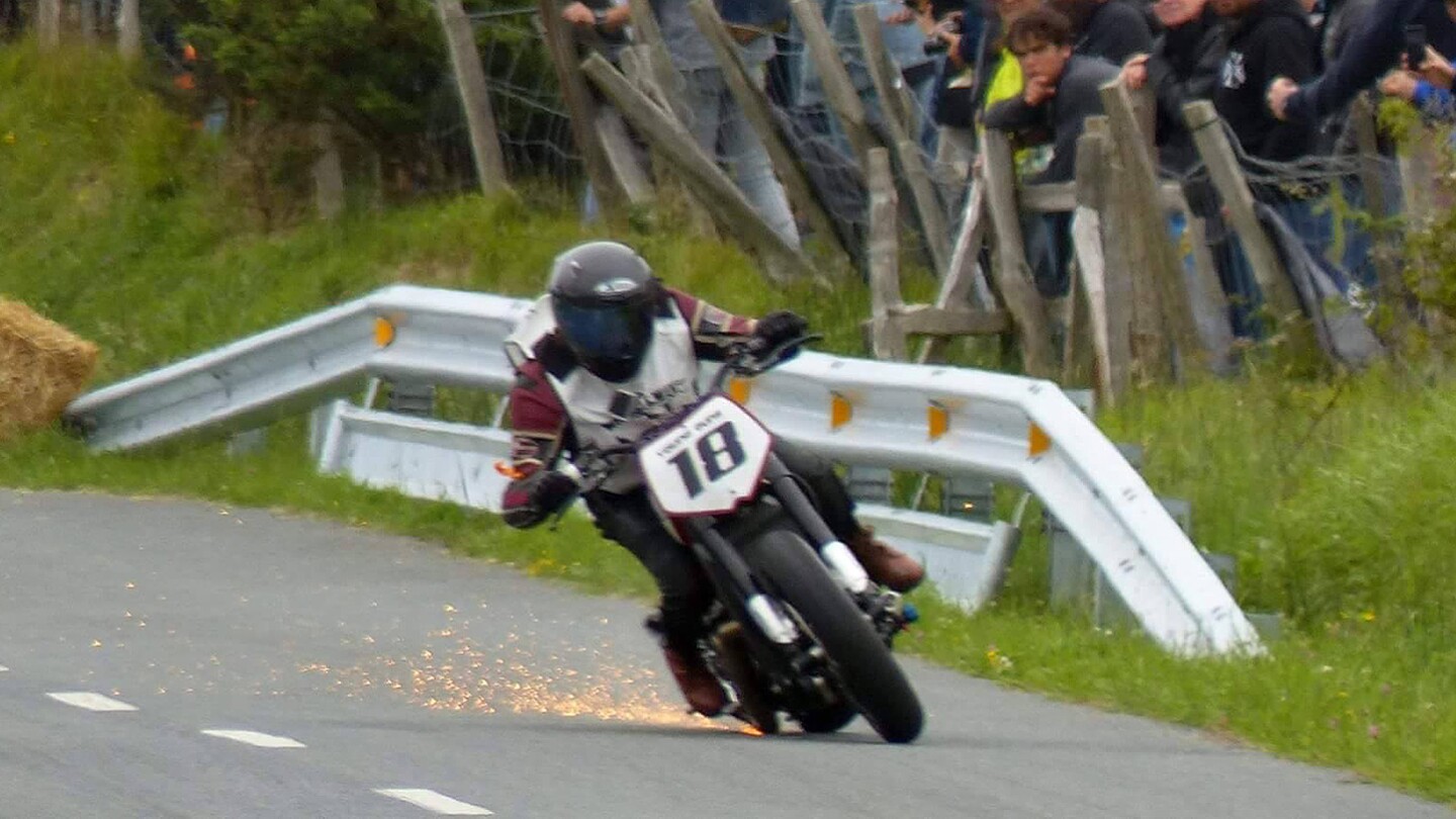 From Katja Poensgen's Facebook page, the hill climb at Punk's Peak had a full-throttle kink with real unprotected metal armco on the outside which she took in spectacular style. Said Young Guns' Fabian Witzig after the event, “It feels amazing ... the best thing for me was to see Katja today take that corner at full throttle, it really was an amazing sight.” We agree. They had to fix a hole she ground in the exhaust between runs.