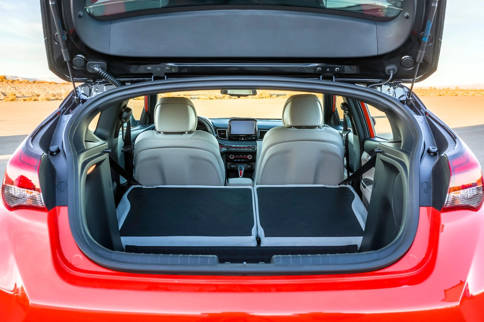 Cargo space in the 2019 Veloster is accessible through the rear hatch with the rear seats folding to add more space as needed