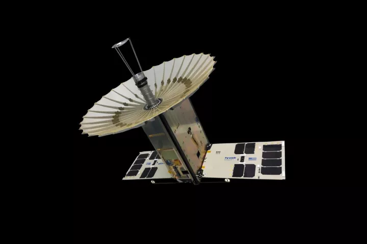 The RainCube 6U CubeSat with fully-deployed antenna