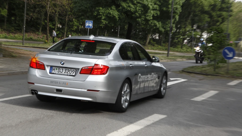 The left turn assistant is being tested on the BMW 5 Series test vehicle