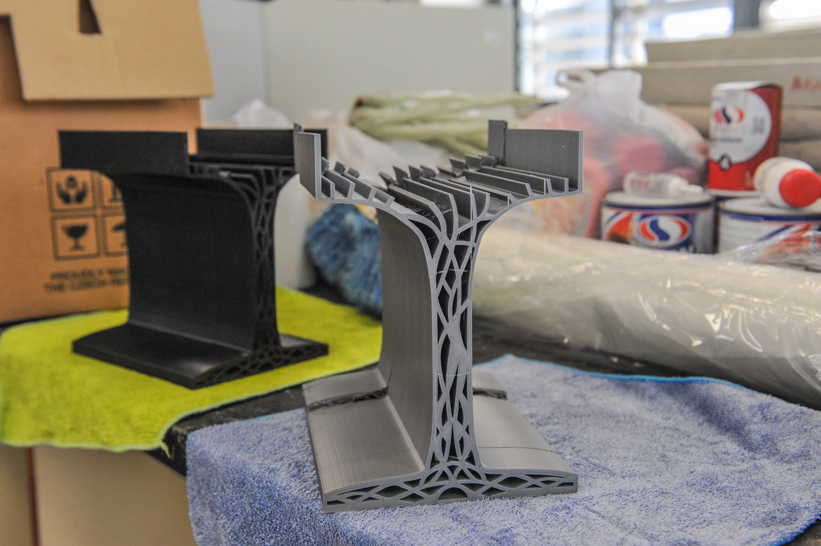 A new beam design consists of a series of segments that can be 3D-printed using recycled plastics