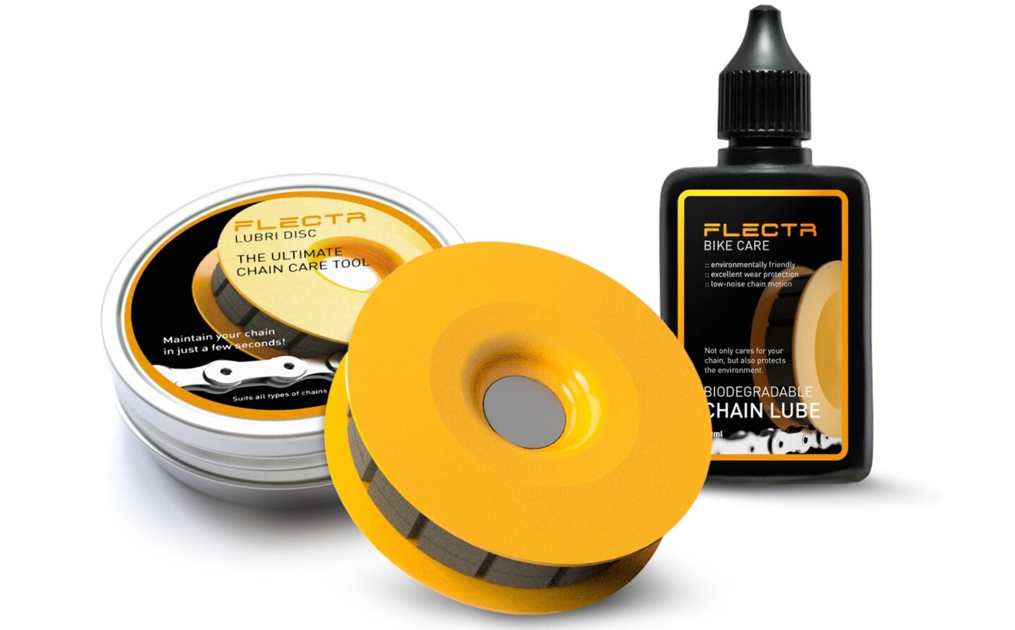The Flectr Lubri Disc comes with an aluminum case – house brand biodegradable lube is optional