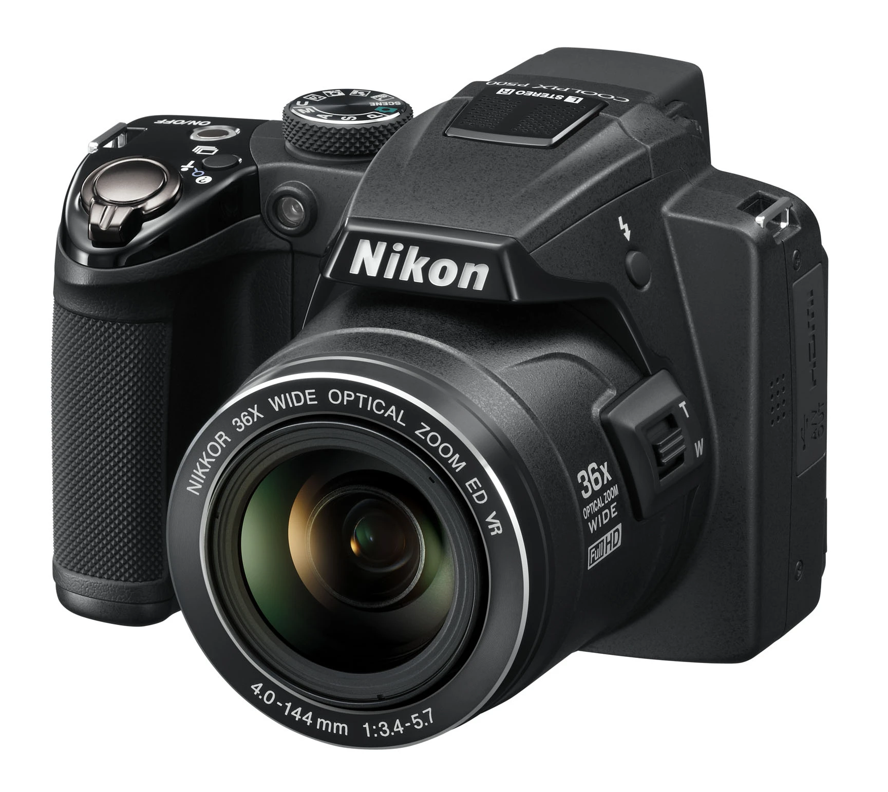 The black COOLPIX P500 with 12.1 MP CMOS sensor and 36x optical zoom lens