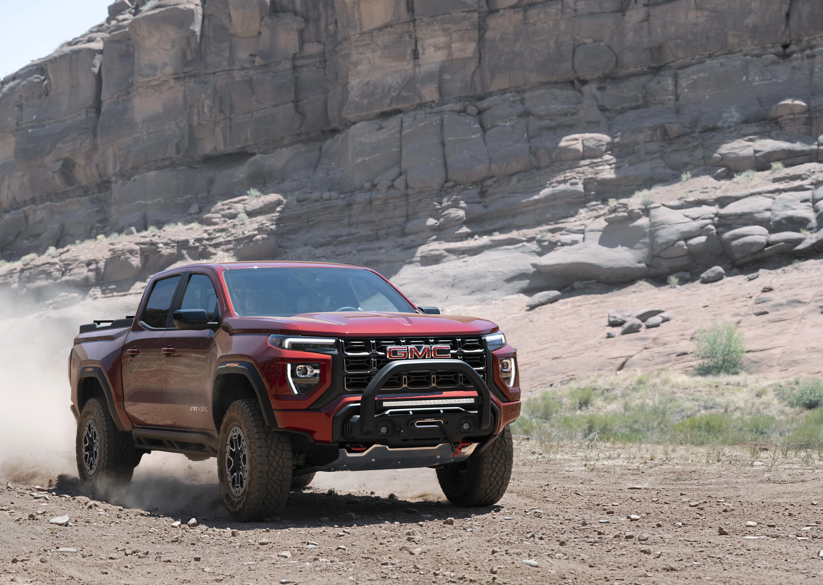 The new 2023 GMC Canyon AT4X includes a lifted suspension with Multimatic DSSV shocks, underbody protection and front and rear diff lockers