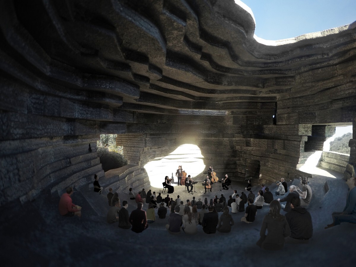 The Chapel of Sound is being built using concrete and aggregate of crushed local mineral-rich rocks, which will be layered to make it to make the building appear like it's a natural part of the landscape