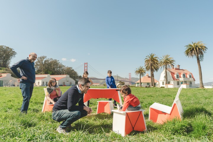 Oru SwitchTable, PopLounge chairs and FlipCubes set up into a day camping/lounge site