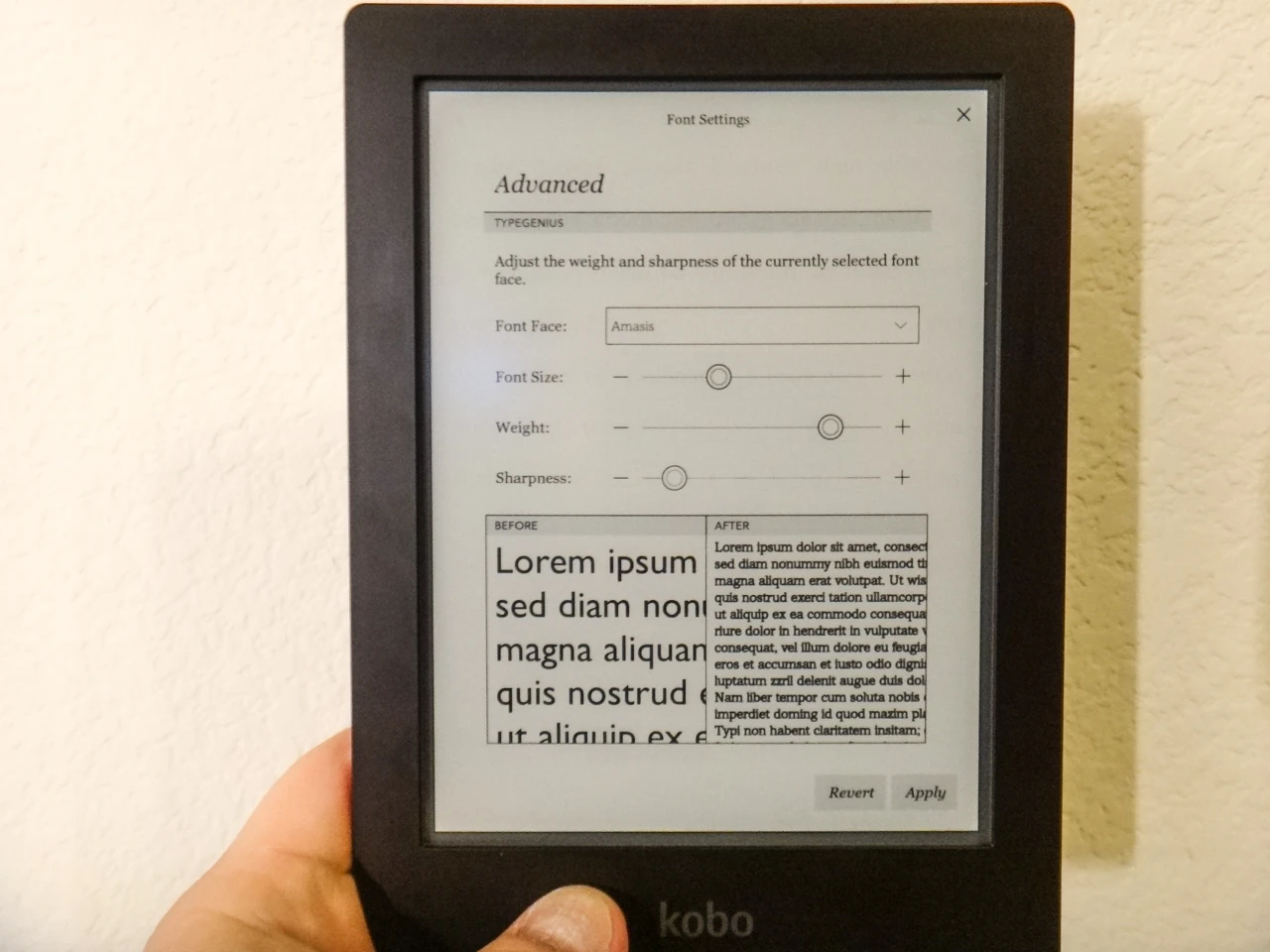 Kobo has built in a wide selection of customization options for the text, including sliders for font size, line spacing, margins, sharpness, and weight, plus 11 different fonts to choose from