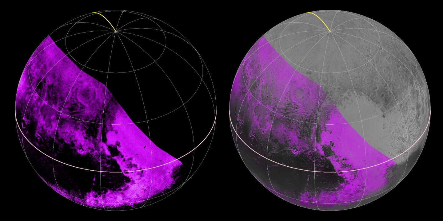 This image contains data from New Horizons' Ralph/LEISA infrared spectrometer. The globe on the left displays methane ice distribution. The globe on the right shows this data overlayed on high res images taken by LORRI