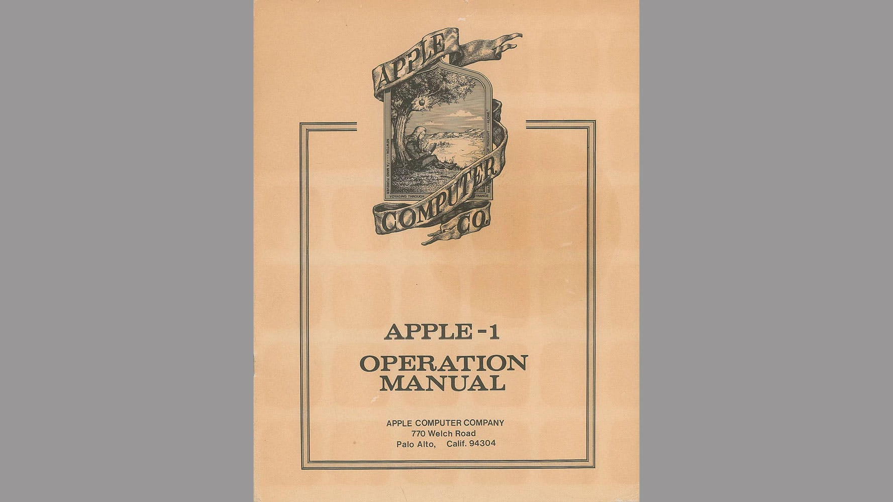 The Apple-1 manual ip for auction features the very first – and very temporary – logo for the company, depicting Sir Isaac Newton sitting under an apple tree
