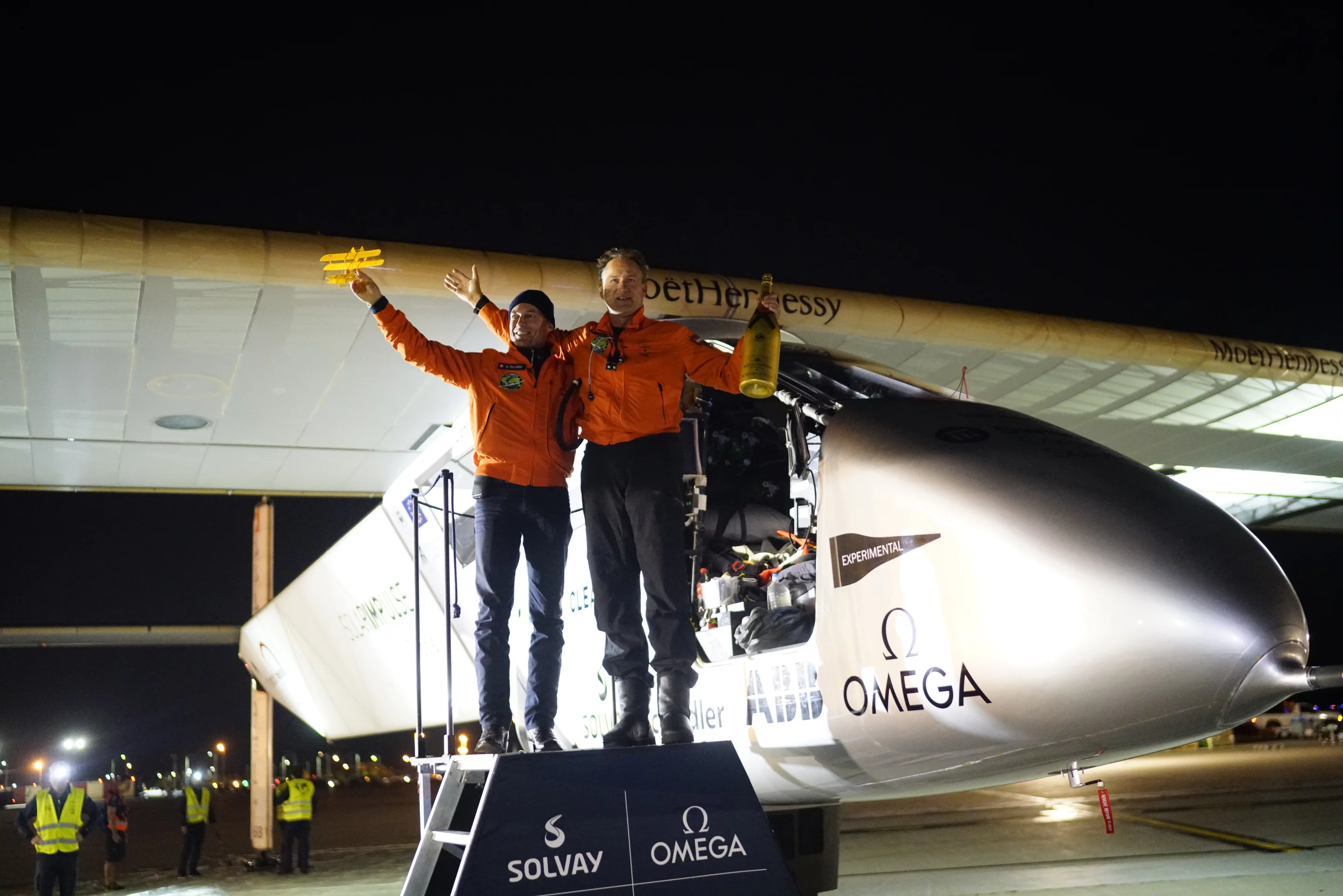 Bertrand Piccard and André Borschberg after Saturday's landing in Dayton