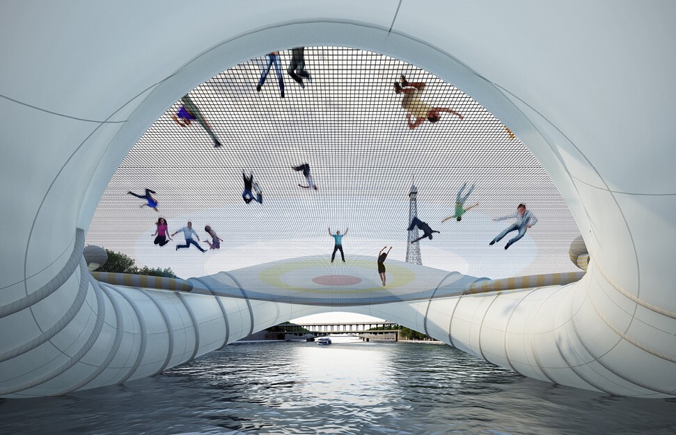 Each of the three huge buoys would contain within them a trampoline mesh designed more for fun than function