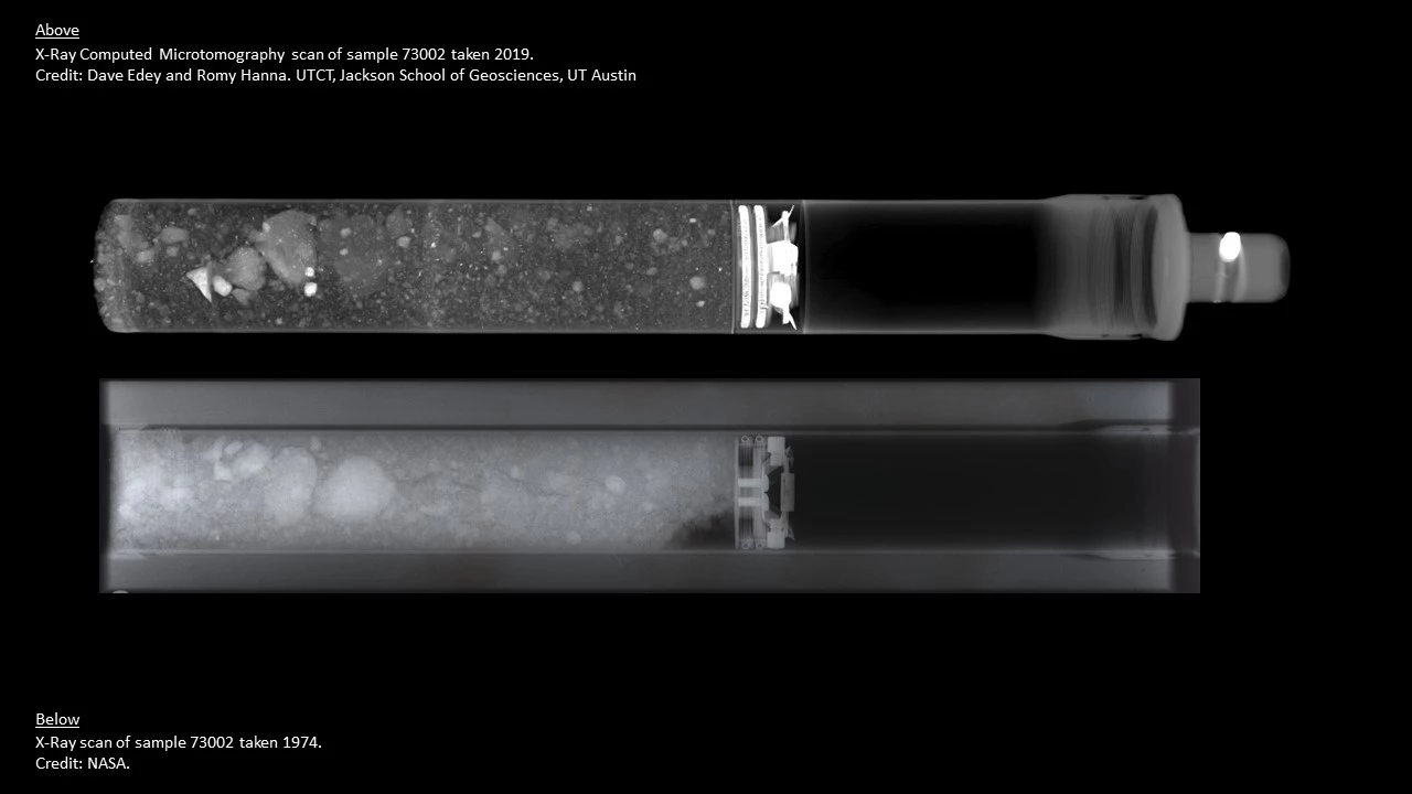 A radiograph scan of a lunar sample taken in 1974 (bottom) and an X-ray scan taken in 2019 (top), illustrating the advances in imaging technology