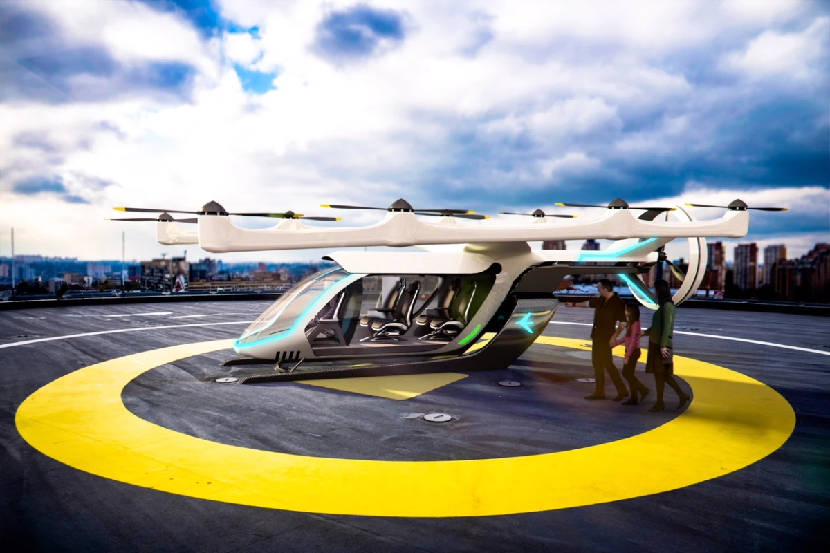 Uber imagines users of its flying taxi service traveling along fixed routes between hubs called Skyports