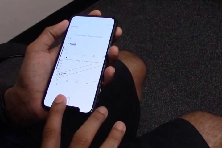 The blood pressure-reading app, as demonstrated on an iPhone X