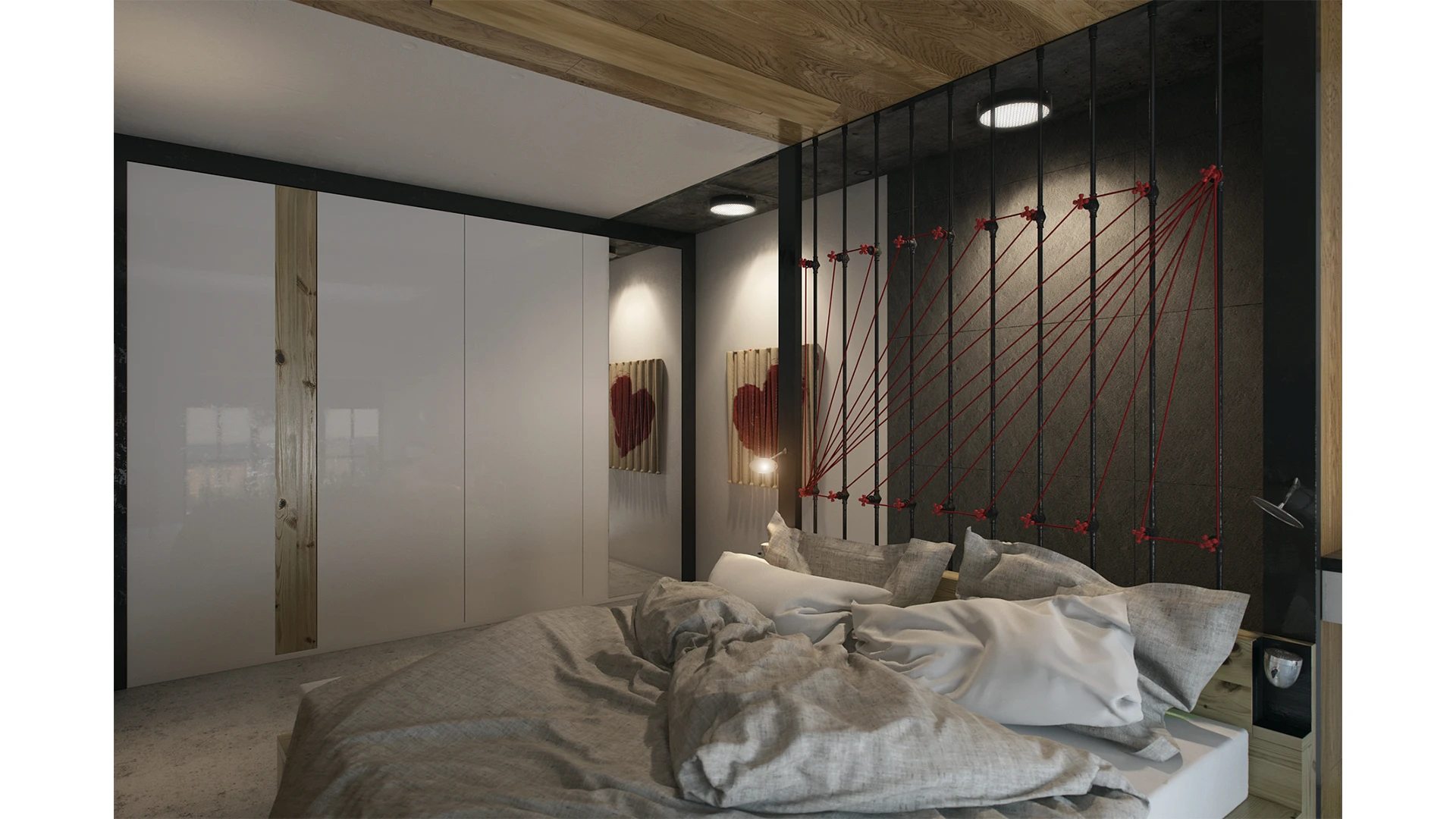 The top level features a central double bed, which takes advantage of the stair railing as a bed head