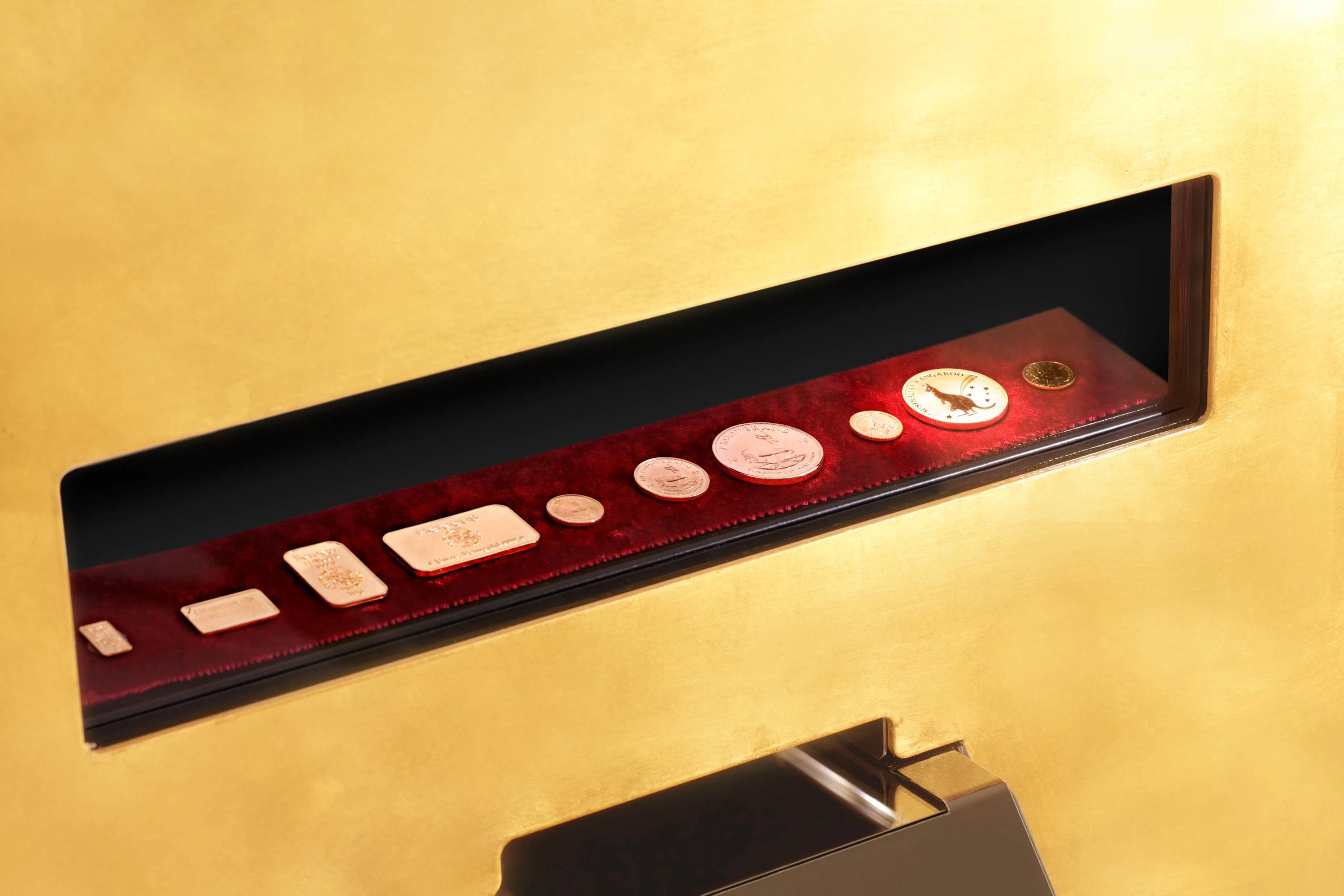 The Gold-to-go ATM dispenses various sizes and values of gold bars and coins