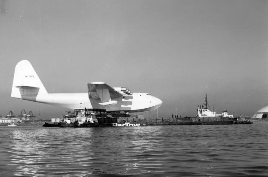 The Spruce Goose being moved on a barge