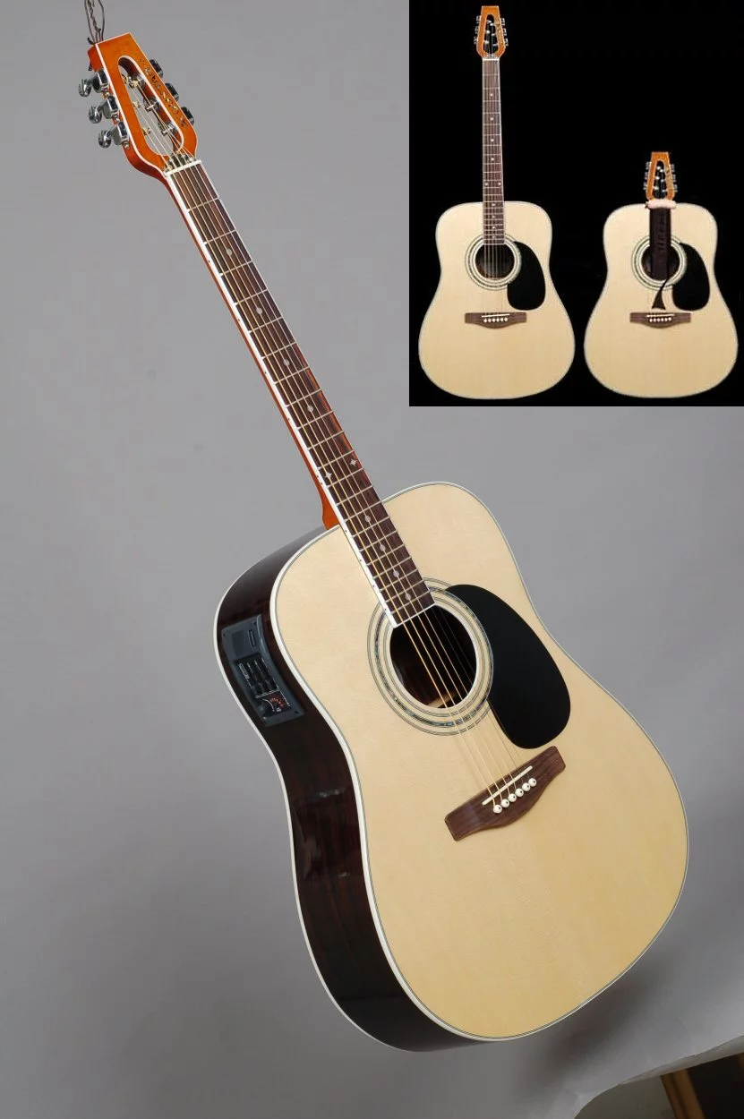 The novel Acoustar travel guitar, with a neck that slides inside the body for transport