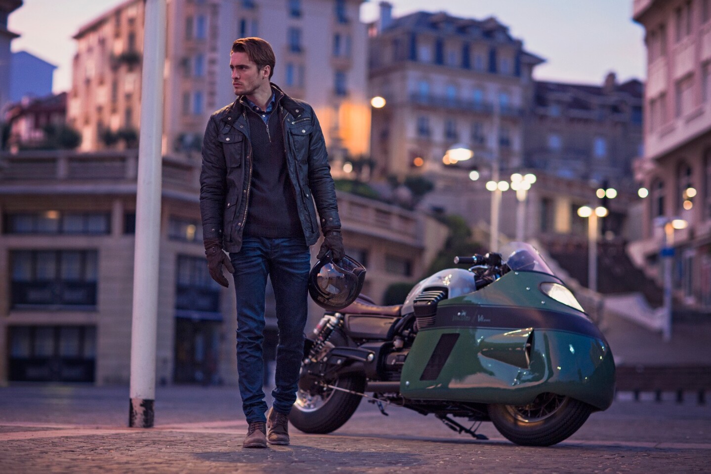 Vanguard Moto Guzzi V8: this man is far too cool to look back at his parked motorcycle, like an action hero walking away from an explosion