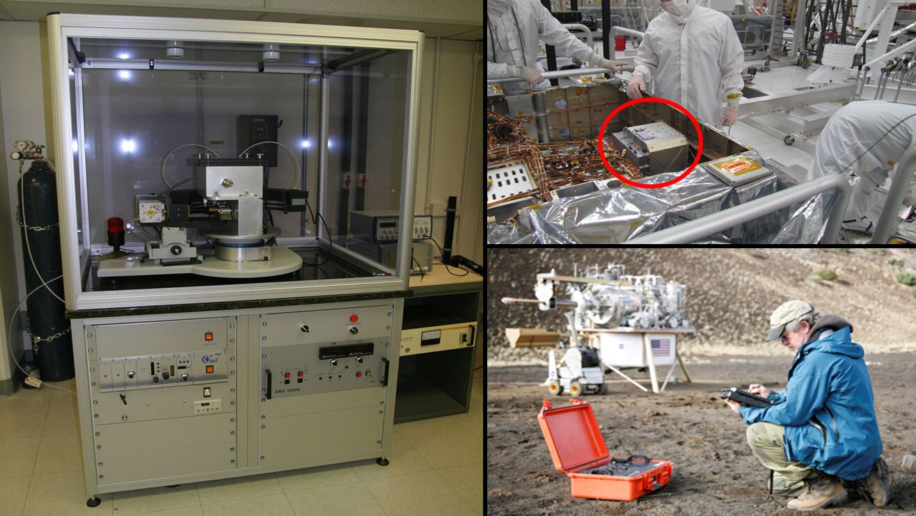 A conventional X-ray diffraction instrument (left), the 10 inches (25 cm) cube of the CheMin (circled upper right) and the commercial spin-off in the orange case(lower right) (Image: NASA/Ames/JPL-Caltech)