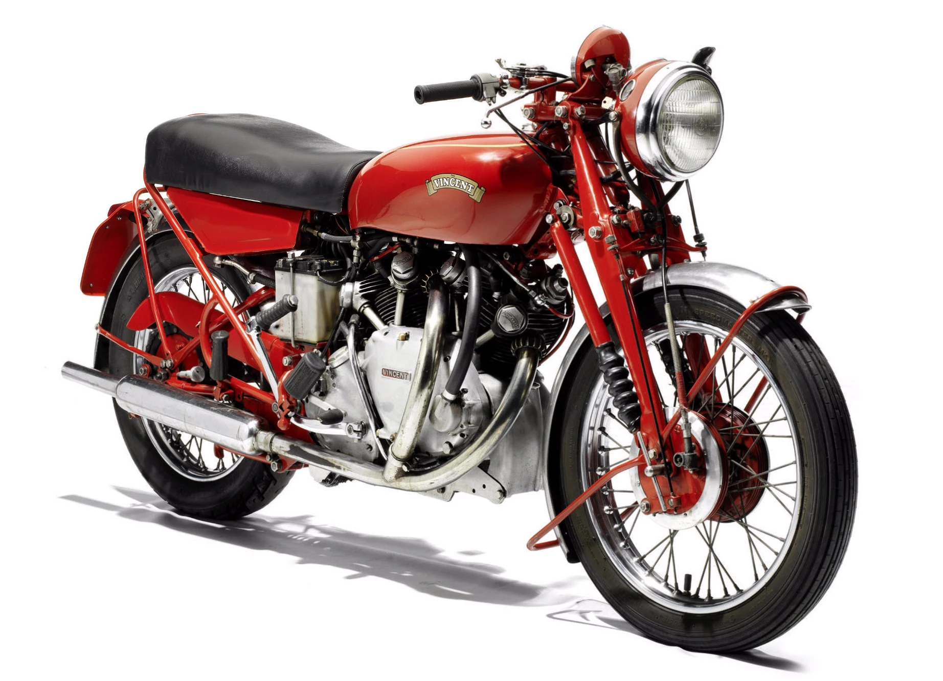 This 1955 Vincent Rapide Series-D was red when acquired and no evidence of black paint has been found beneath the red, suggesting that this motorcycle may be one of those Vincents periodically produced in small batches finished in this non-traditional color scheme, mainly for the North American market. Noteworthy features of this particular machine include an Alton 12-volt generator, Grosset electric starter, electronic ignition and a Dave Hills center stand (original stand included). It is estimated to fetch between £30,000 and 36,000 ($44,000 - 53,000)Auction Page